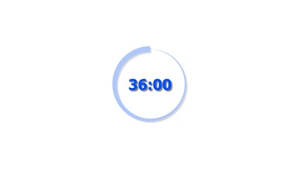 Digital countdown timer royal blue color 4k illustration of 36 second on transparent on white background. 36 seconds digital timer 4k illustration .