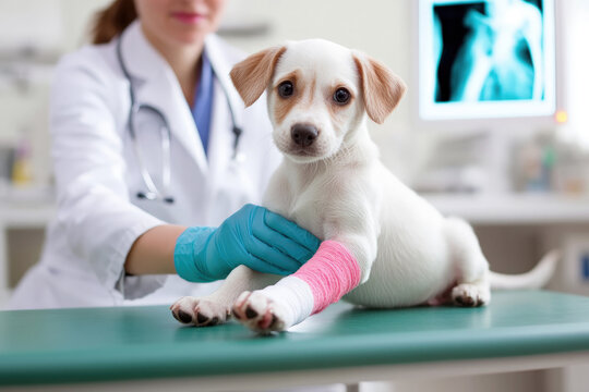 Cute puppy with an injured paw at the vet. Medical care for pets.