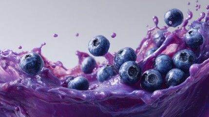 Vivid blueberry juice splash with floating berries on white canvas