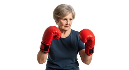 An determined elderly woman wearing red boxing gloves on a white background embodying the spirit of resilience and challenging age stereotypes