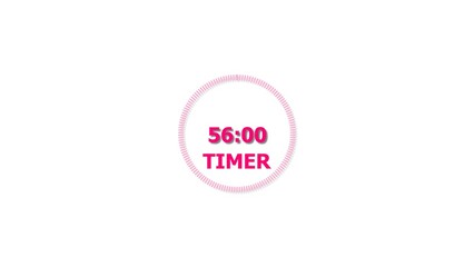 Digital countdown timer magenta red color 4k illustration of 56 second on transparent on white background. 56 seconds digital timer 4k illustration.