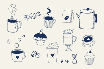 Breakfast tea and coffee sketch retro hand drawn cafe menu elements. Vintage dessert whimsical doodle drawing, Croissant and morning coffee mug, cappuccino beverage.