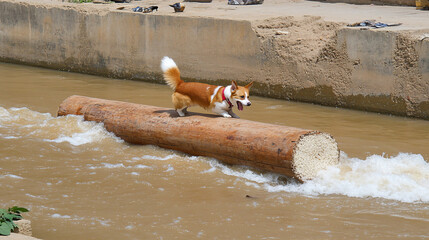 Dog on log in canal