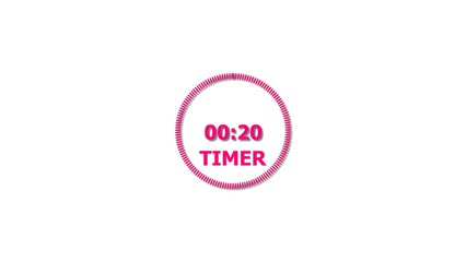 Digital countdown timer magenta red color 4k illustration of 20 second on transparent on white background. 20 seconds digital timer 4k illustration .
