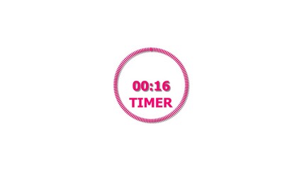 Digital countdown timer magenta red color 4k illustration of 16 second on transparent on white background. 16 seconds digital timer 4k illustration .
