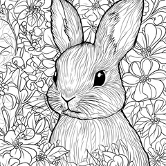 Cute Bunny Surrounded by Spring Flowers Coloring Page for Adults. Thick Lines, Black and White Color Palette, Grayscale Background