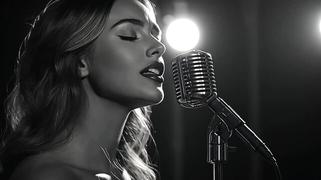 Black and White Portrait of Young Woman Singing in Studio with Retro Microphone, Dramatic Mood