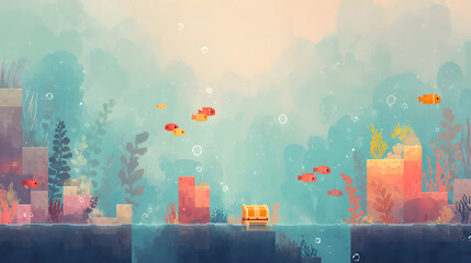A colorful underwater retro game landscape with coral platforms, treasure chests, and bubble particle effects. Pixelated fish swim between sunken ruins and kelp forests, all beneath a rippling water