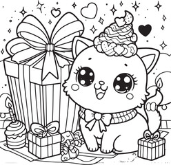 Fototapeta premium Kitten on gift boxes, surrounded by floating hearts.