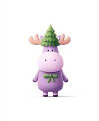 Children’s Book Lavender Moose in Christmas Tree Outfit with Pine Leaf Bow on White Vector Design, Isolated