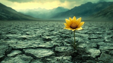 In a poignant illustration titled Desert Bloom, a lone yellow flower is shown blossoming from the cracked and barren earth, symbolizing the unwavering will to thrive in the most desolate of