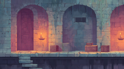 A moody dungeon-level scene in retro pixel style, with cracked stone floors, moss-covered walls, and flickering torchlight illuminating old arches. The platforms are made of dark bricks with