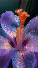 Macro Photography of Orchid with Dew on Petals. Purple and Orange Crocus Flower with Stamens. Vibrant Colors and Intricate Details