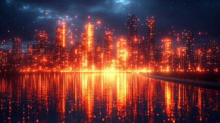 Obraz premium Fiery city skyline at night reflected in water, with vibrant orange-red neon lights.