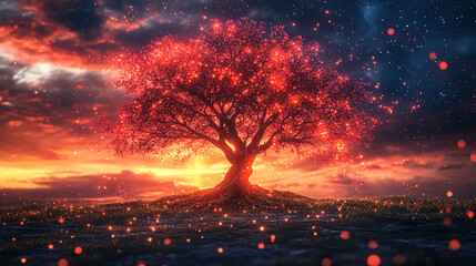 Illuminated tree at sunset, glowing with fiery red lights against a dramatic sky.