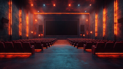 Empty movie theater interior with red and orange lighting.