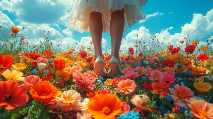 Woman's feet in white heels walking through a vibrant flower field, a summer scene of joy and beauty.