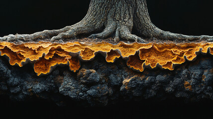 Close-up of a bonsai tree's base with intricate roots and vibrant orange-yellow fungal growth on the soil.