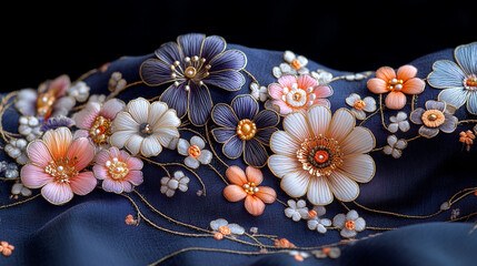 Detailed close-up of intricately embroidered flowers on a dark fabric.