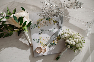 Wedding day. Wedding bouquets, bride's rings, invitations. Preparation. Bride's morning