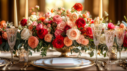 Elegant floral centerpiece arrangement on a wooden table, featuring vibrant red, pink, and peach roses, with gold accents and crystal glassware.