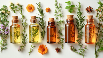 Aromatic essential oils in small bottles, surrounded by fresh herbs and flowers.