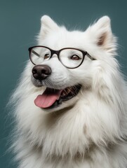 Samoyed Dog Wearing Glasses. Happy Facial Expression with Cool and Modern Look