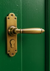 Obraz premium Photo of Brass Door Handle on Green Door