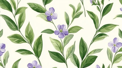 The wallpaper features a seamless pattern of tiny, ditsy florals in muted mauve and sage green hues on a cream-colored background, along with an ornate mask illustration