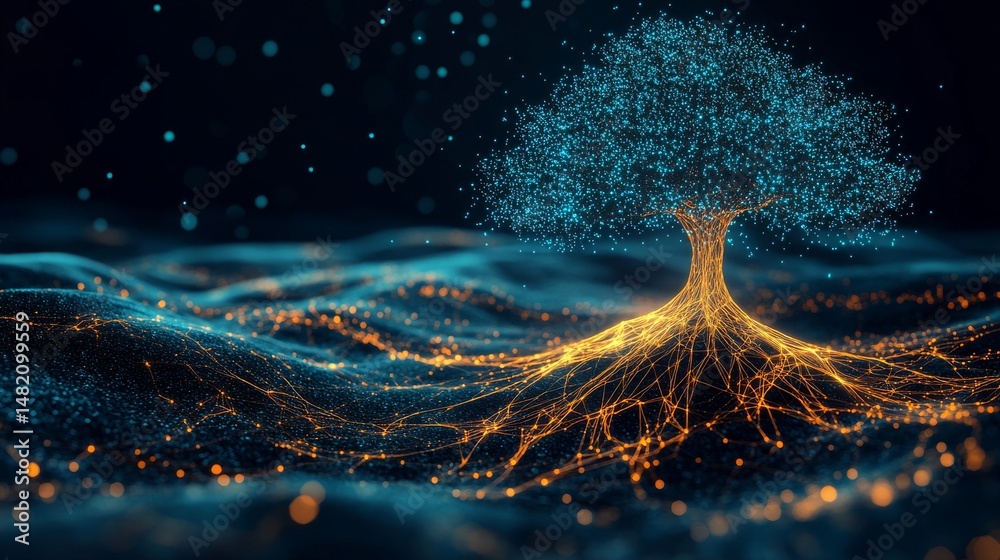 Wall mural a vibrant digital tree symbolizing a blockchain supply ecosystem is depicted, with roots linking mul