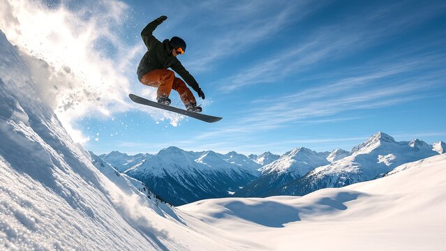 Snowboarder jumping high, performing a trick in midair, with a breathtaking backdrop of snow-covered mountains and a clear blue sky, showcasing the thrill and freedom of winter sports