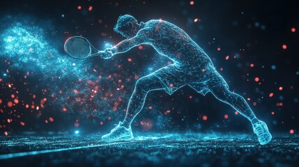 Holographic digital art depicting male tennis player action in neon light