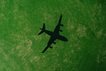 A dark airplane's shadow on a vibrant green field