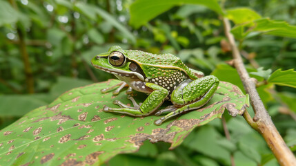 Obraz premium A vibrant tree frog rests on a tropical leaf, embodying nature's delicate beauty.