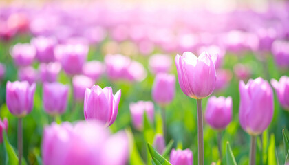 field of light purple tulips creates dreamy atmosphere, with soft sunlight illuminating blossoms and gentle blur enhancing serene beauty of nature