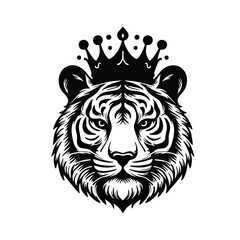 Tiger Crown Logo, Elegant Crowned Tiger Face, Linear Art Style, Black Outlines, Simple and Symmetrical