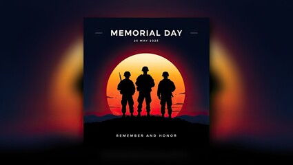 Fototapeta premium Memorial day illustration depicting silhouetted soldiers standing before a sunset sky remembering fallen heroes