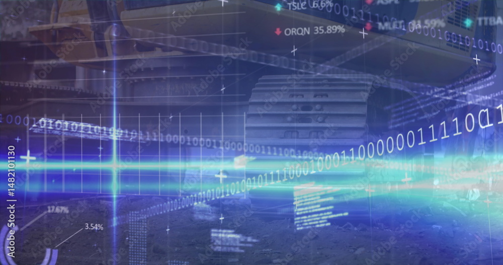 Poster projecting data stream flowing in urban street scene, with binary code, stock tickers and cyan beam