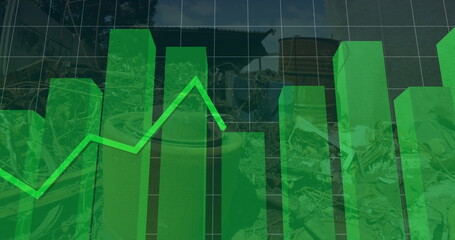 Displaying 3D green bar chart columns with rising green line graph over waste in landfill yard