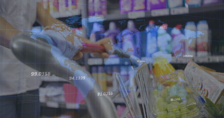 Gripping shopper hands guiding grocery-filled cart through supermarket aisle, with data overlay