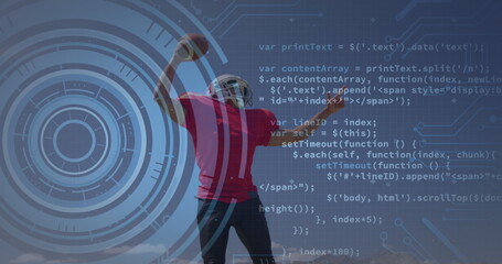 Image of digital interface with safe lock american football player