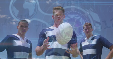 Image of statistics and icons over rugby players