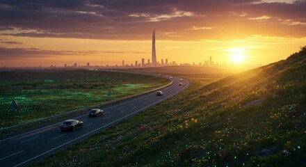 Photo of Cars Driving on Road Towards City Sunset