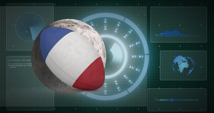 Floating french rugby ball and stone sphere in teal grid interface, with hud panels showing charts