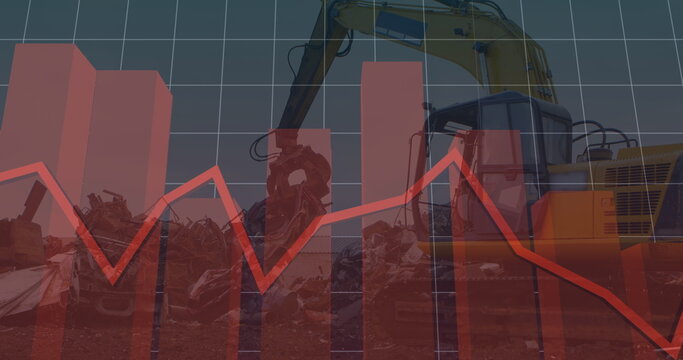 Featuring yellow excavator grappling scrap metal in salvage yard, with red line graph and grid - Powered by Adobe