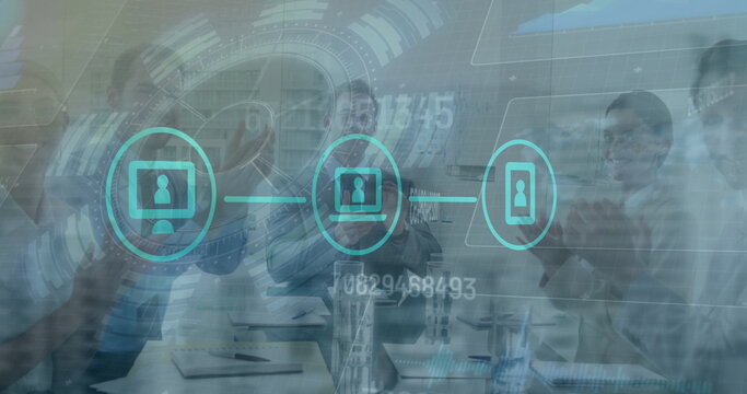 Image of network of connections with icons and cityscape