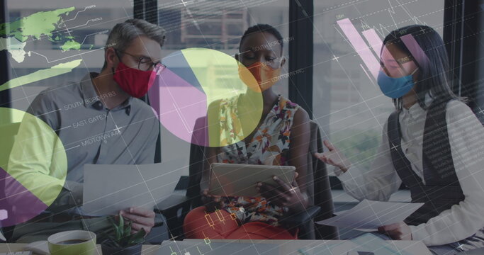 Image of financial data processing over diverse group of business people wearing face masks