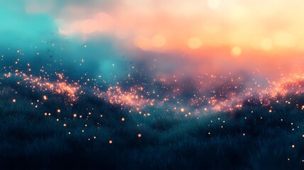 A mystical field of grass lit by glowing orbs under colorful skies