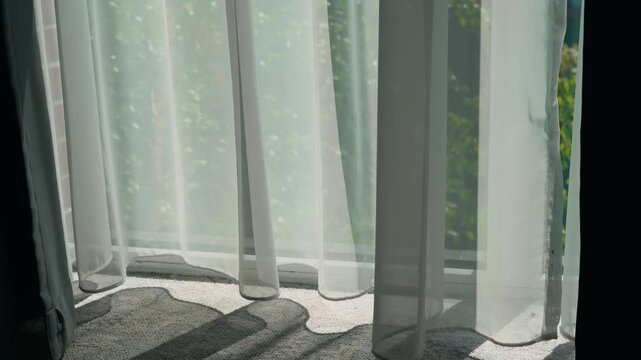 Wind blowing in open window and swaying thin curtain in living room. Breeze flowing through open glass and fluttering sheer drape inside cozy suite. Air moving through wide window and waving light