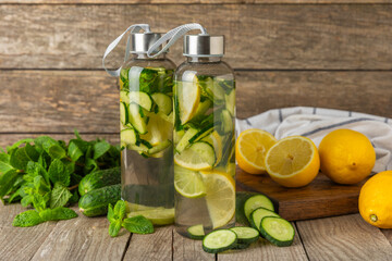 Cucumber water with lemon, lime and mint on a wooden table. Water infused with sliced ​​cucumber in a drinking glass. Tonic refreshing drink. Cucumber lemonade.Summer natural cooling drink.Copy space